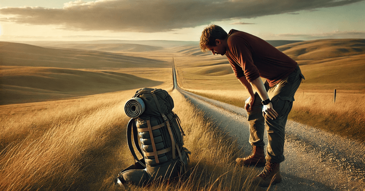 A traveler standing on a long countryside road, slightly bent forward beside a backpack, symbolizing pausing mid-journey to protect energy and prevent burnout.