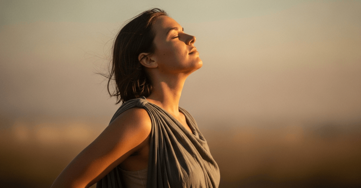 Woman standing in warm sunlight with eyes closed, breathing deeply, symbolizing restored energy, calm confidence, and recovery from burnout.