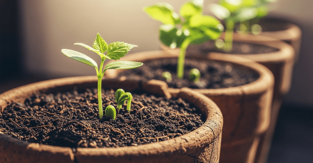 Young seedlings sprouting in small pots, symbolizing starting with small efforts that grow steadily over time into a sustainable income stream.