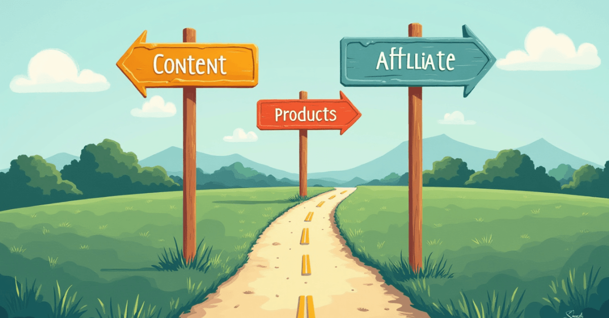 Illustrated signposts pointing toward content, products, and affiliate paths, symbolizing different beginner-friendly ways to start building an income stream.