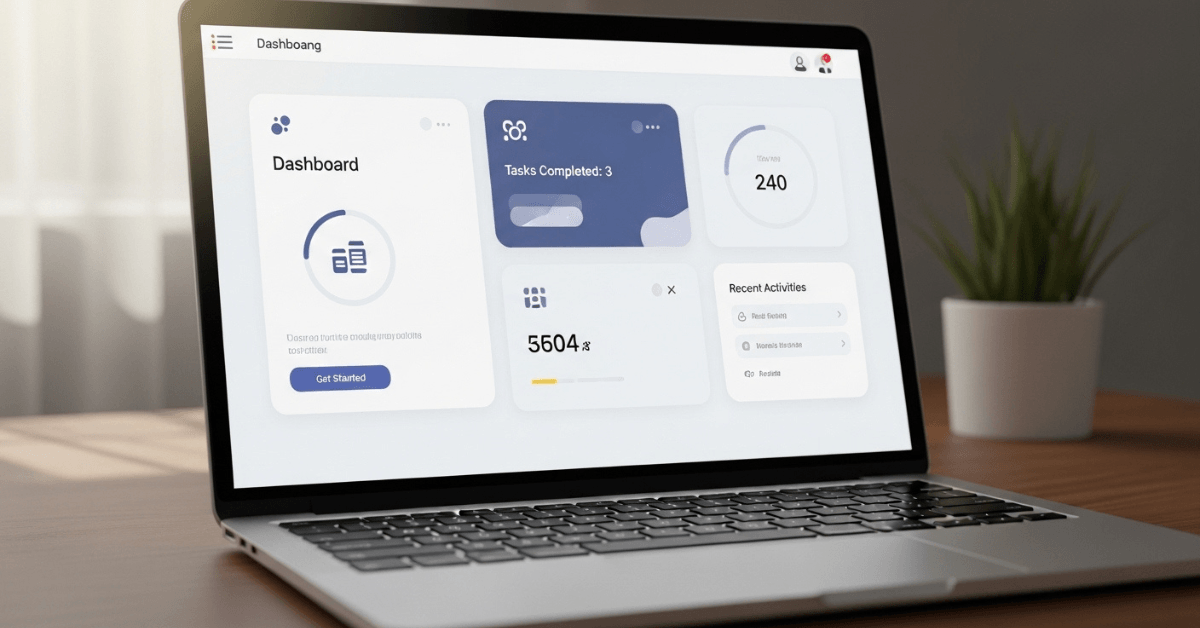 A laptop displaying a clean digital dashboard with progress indicators and completed tasks, representing early tracking and small wins when building an income stream.