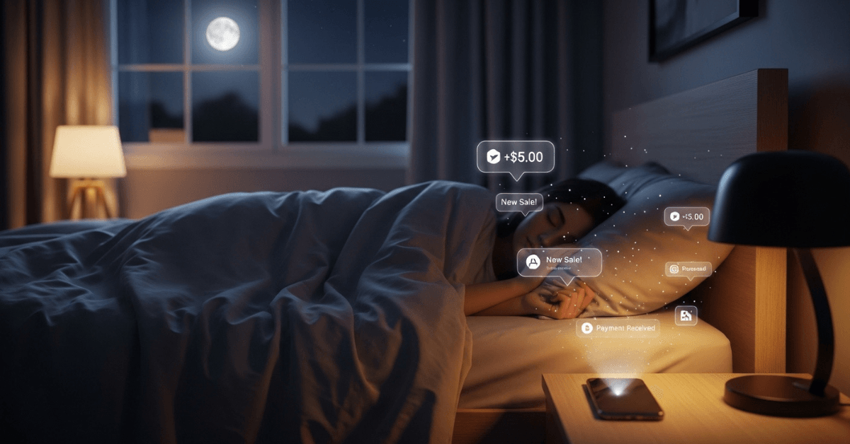 A person sleeping at night while digital notifications show small sales and payments being received, symbolizing passive income systems earning money in the background.