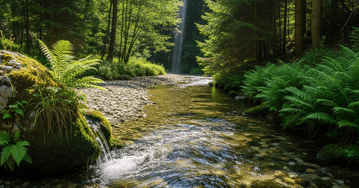 A calm forest stream flowing steadily through lush greenery, symbolizing slow, consistent growth and the compounding nature of building income streams over time.