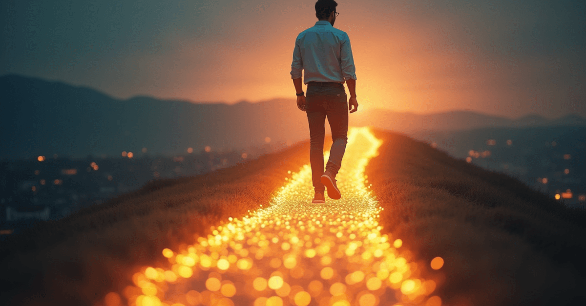 A person walking confidently along a glowing path at sunset, symbolizing steady progress toward financial independence through consistent, intentional action.