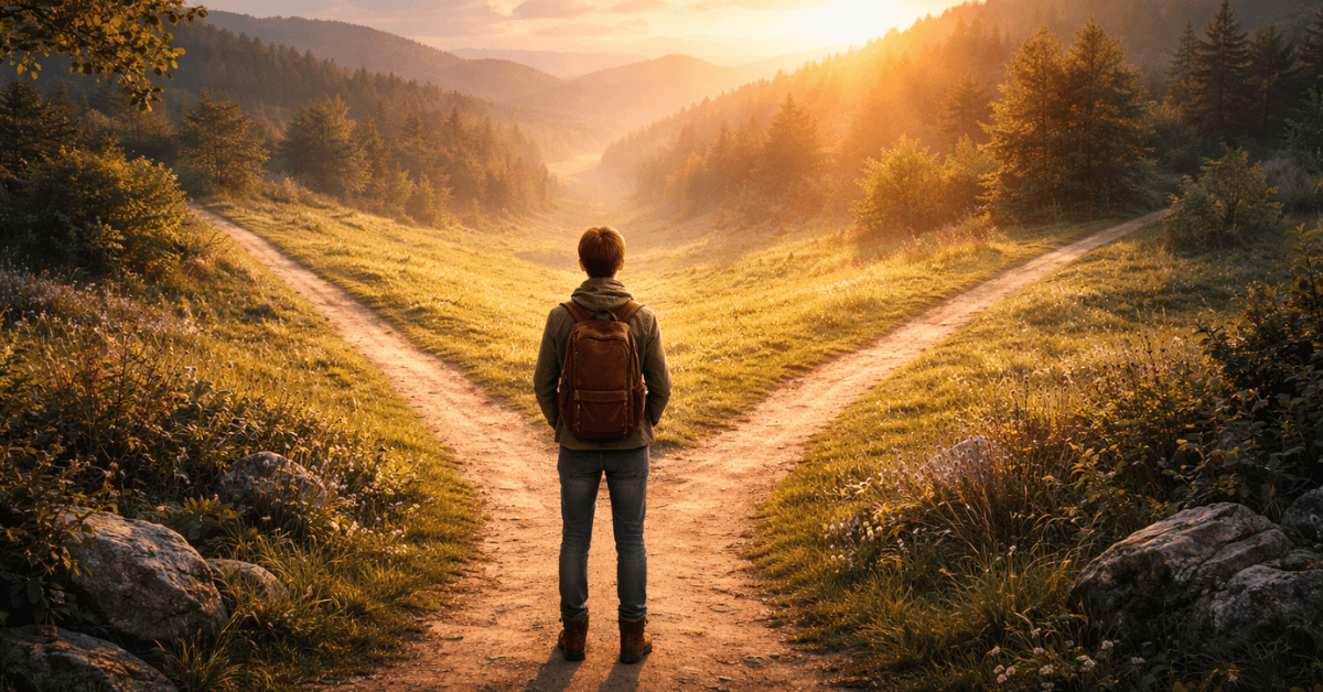 A person standing at a fork in a forest path at sunrise, symbolizing the decision to take action and build confidence before feeling fully ready.