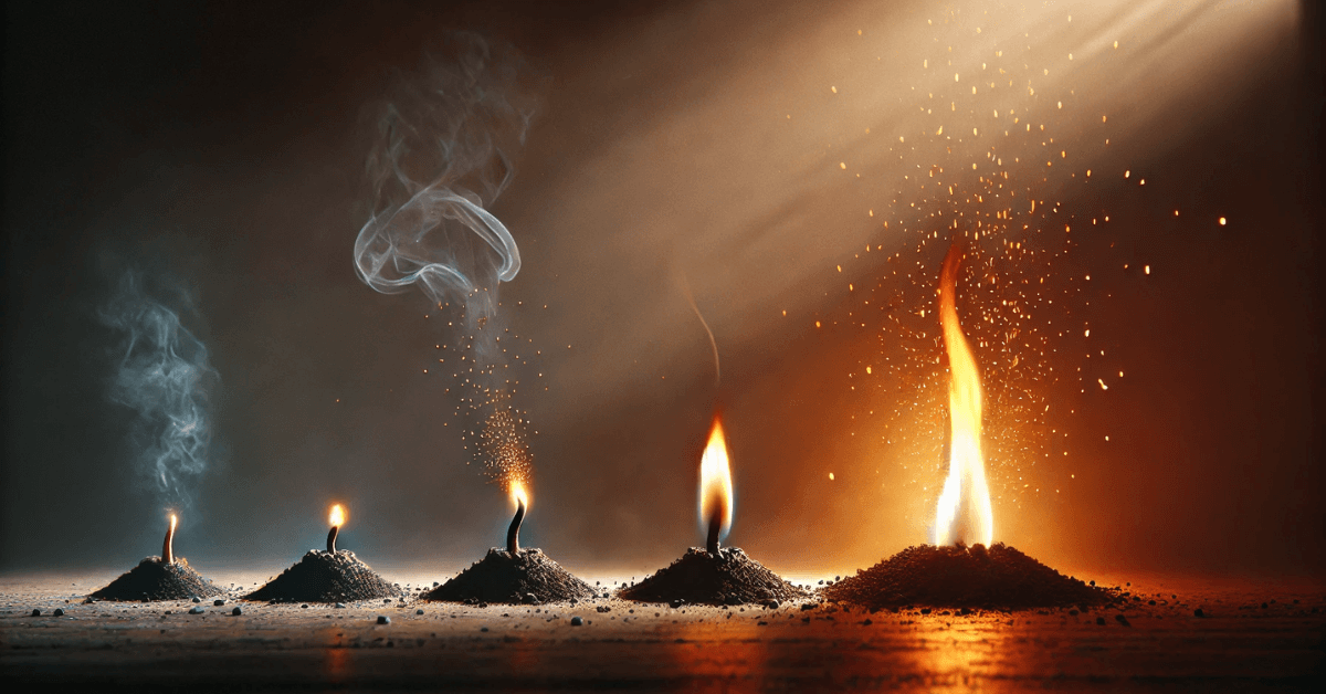 A small spark gradually growing into a strong flame in darkness, symbolizing belief strengthening over time through consistent action.