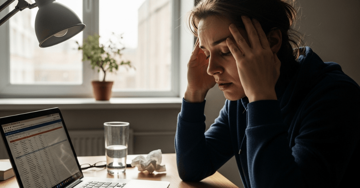 A tired person holding their head at a desk with a laptop and a glass of water nearby, symbolizing dehydration-related headache and brain fog.