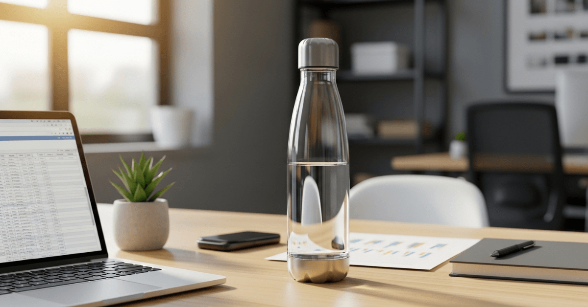 A reusable water bottle on a desk beside a laptop and work materials, symbolizing consistent hydration habits during the workday.