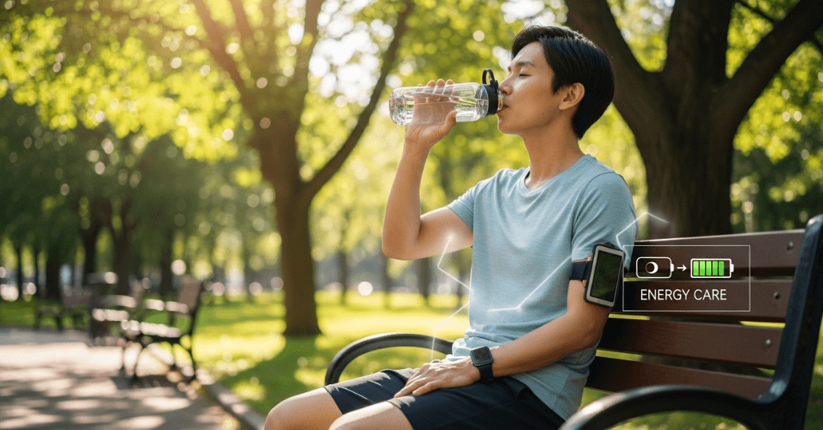 A person drinking water outdoors on a park bench, symbolizing hydration restoring energy and supporting daily activity.