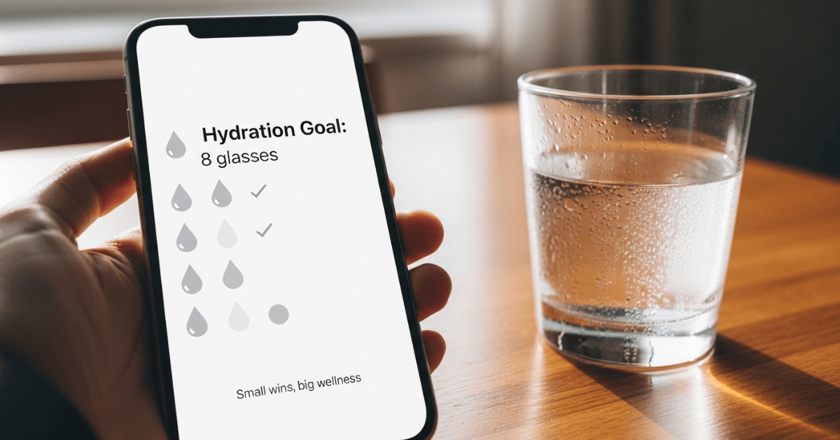 A smartphone displaying a hydration goal tracker next to a glass of water, symbolizing monitoring daily water intake to maintain energy and wellness.