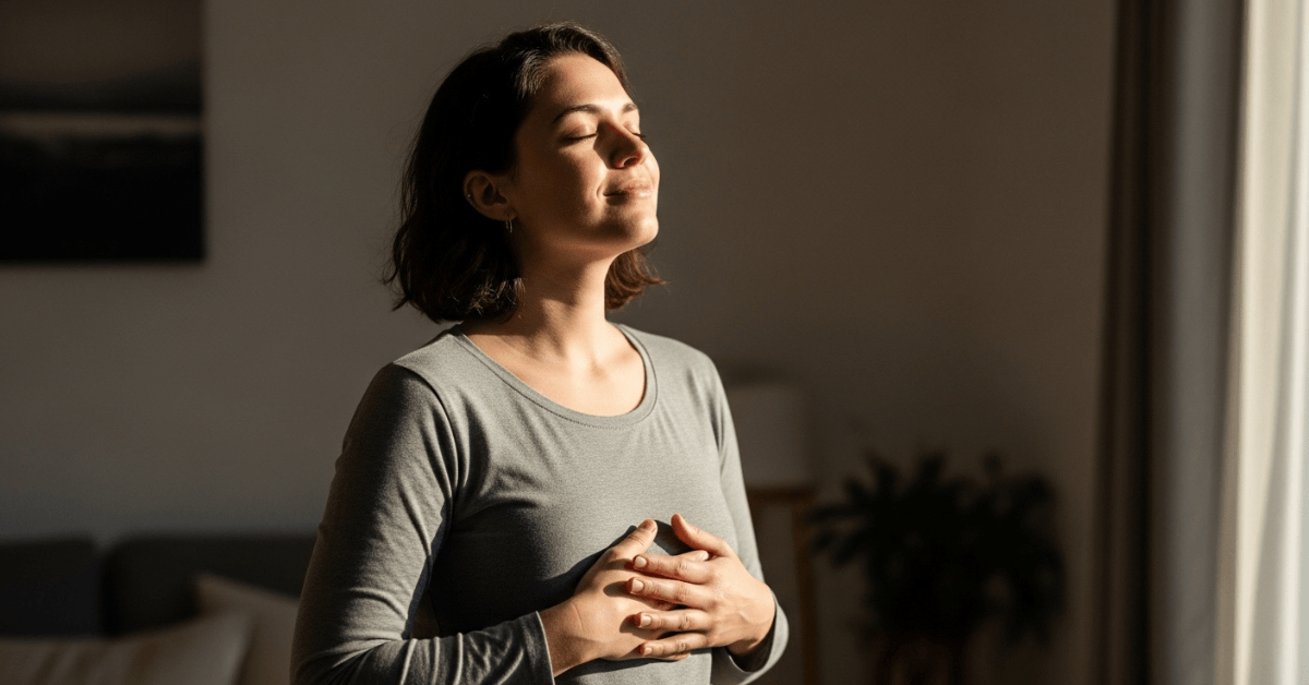 A person standing in soft natural light with eyes closed and hands on their chest, symbolizing restored energy and wellness through proper hydration.