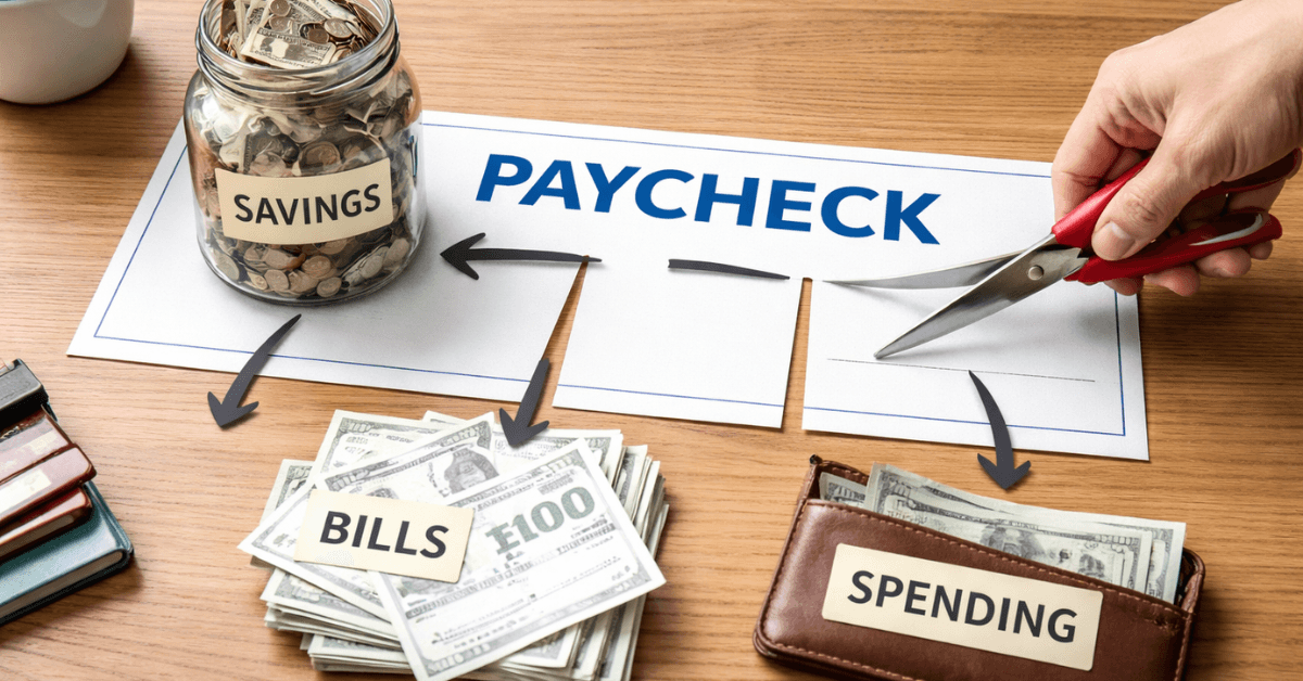 Illustration of a paycheck being divided with the first portion directed to savings before bills and spending, demonstrating the pay yourself first strategy