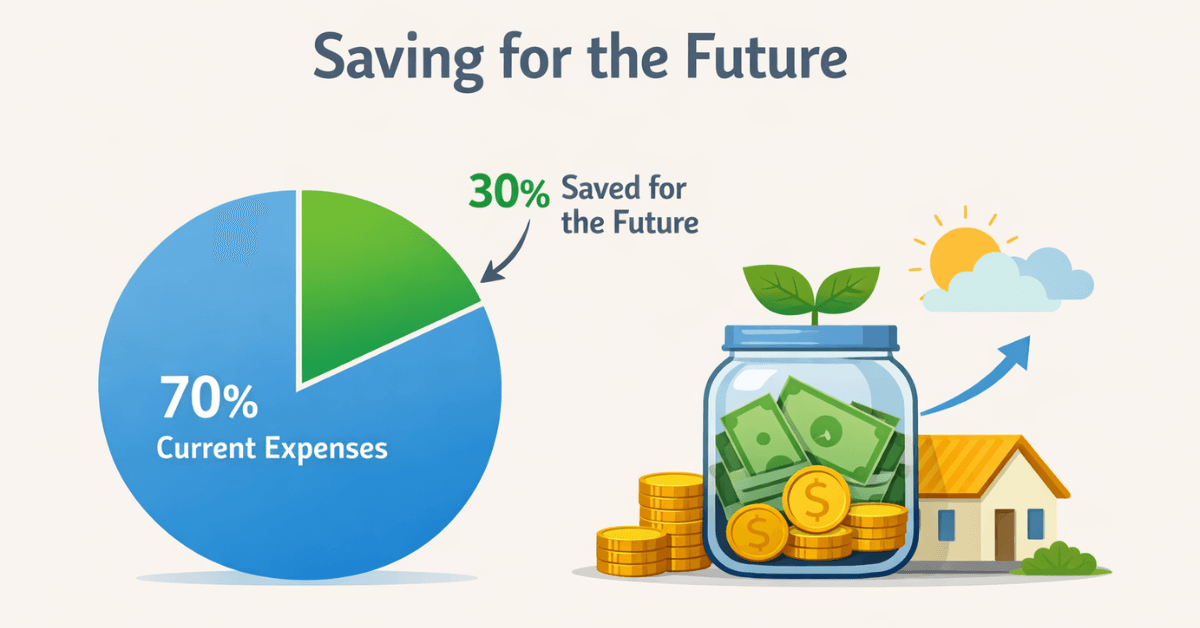 Pie chart showing a portion of income saved for the future, illustrating the pay yourself first wealth-building strategy