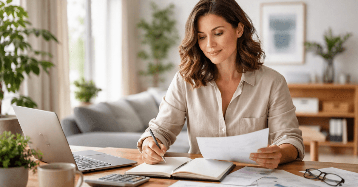 Woman reviewing finances and writing in a notebook, representing intentional budgeting and the pay yourself first wealth-building habit
