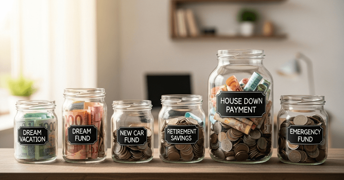 Multiple labeled savings jars for retirement, emergency fund, house down payment, and other goals, illustrating the pay yourself first wealth strategy