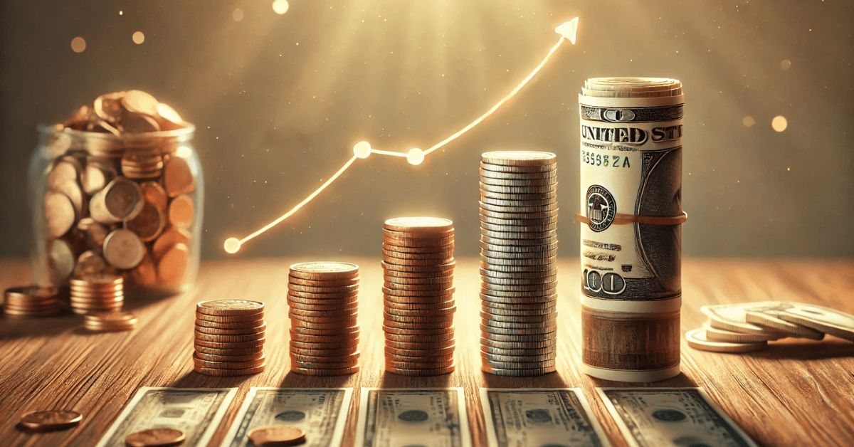 Growing stacks of coins and cash with upward arrow graph, illustrating compound growth from paying yourself first