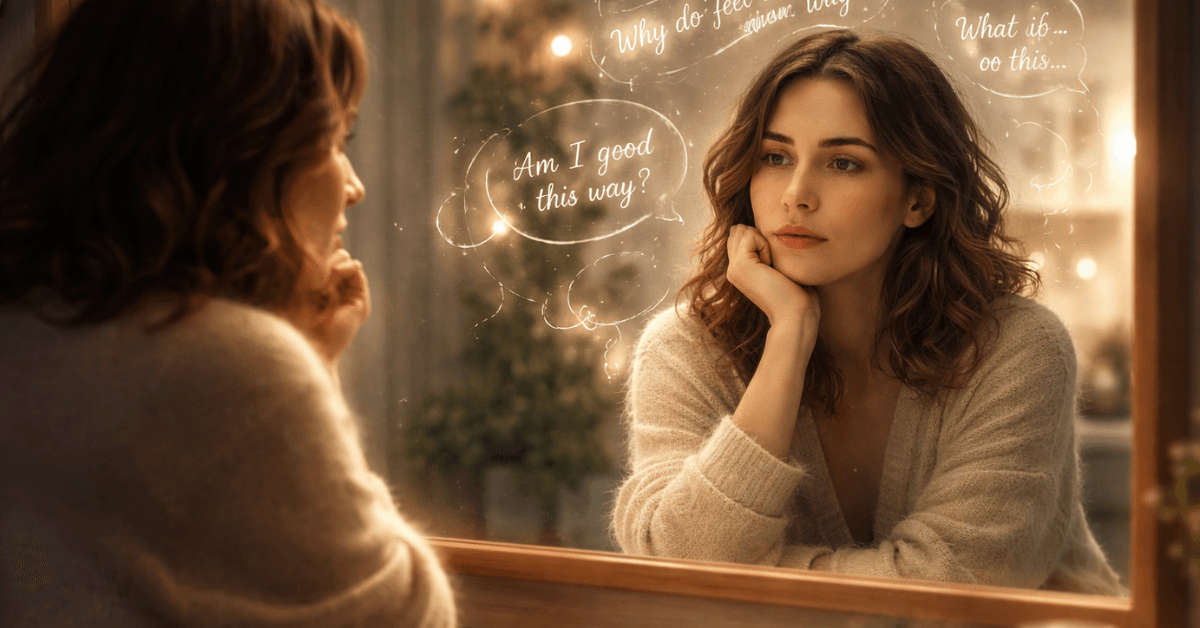 Woman looking at her reflection with thought bubbles showing self-doubt, representing negative self-talk and inner critic patterns