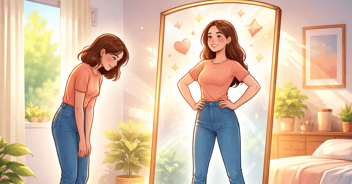 Illustration of a woman seeing a confident version of herself in the mirror, symbolizing reframing self-talk and building self-confidence