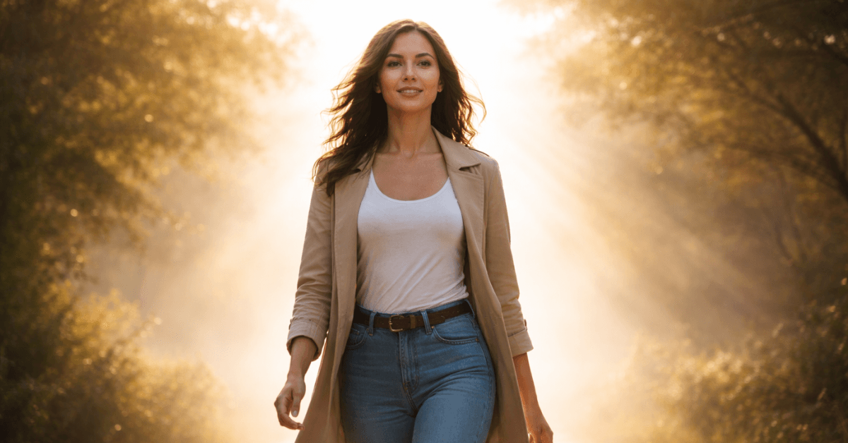 Confident woman walking forward in warm sunlight, symbolizing growth and self-confidence after reframing negative self-talk