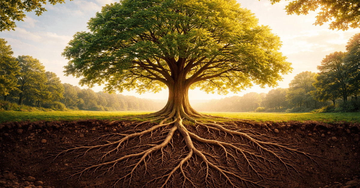 Large healthy tree with deep visible roots, symbolizing strong foundations built through long-term healthy habits