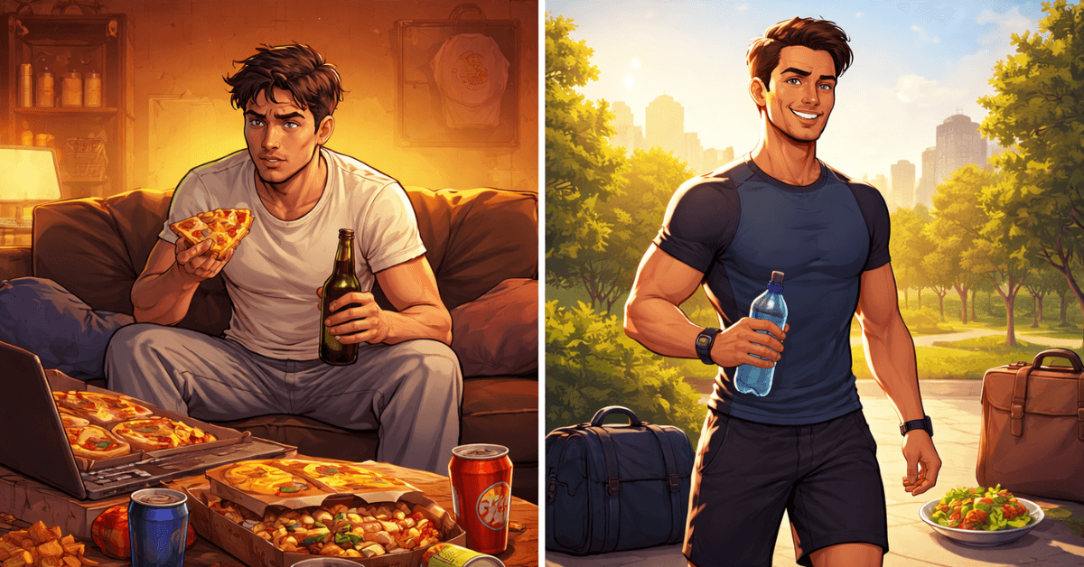 Split illustration showing present unhealthy lifestyle compared to a fit future self, highlighting the long-term impact of daily health habits