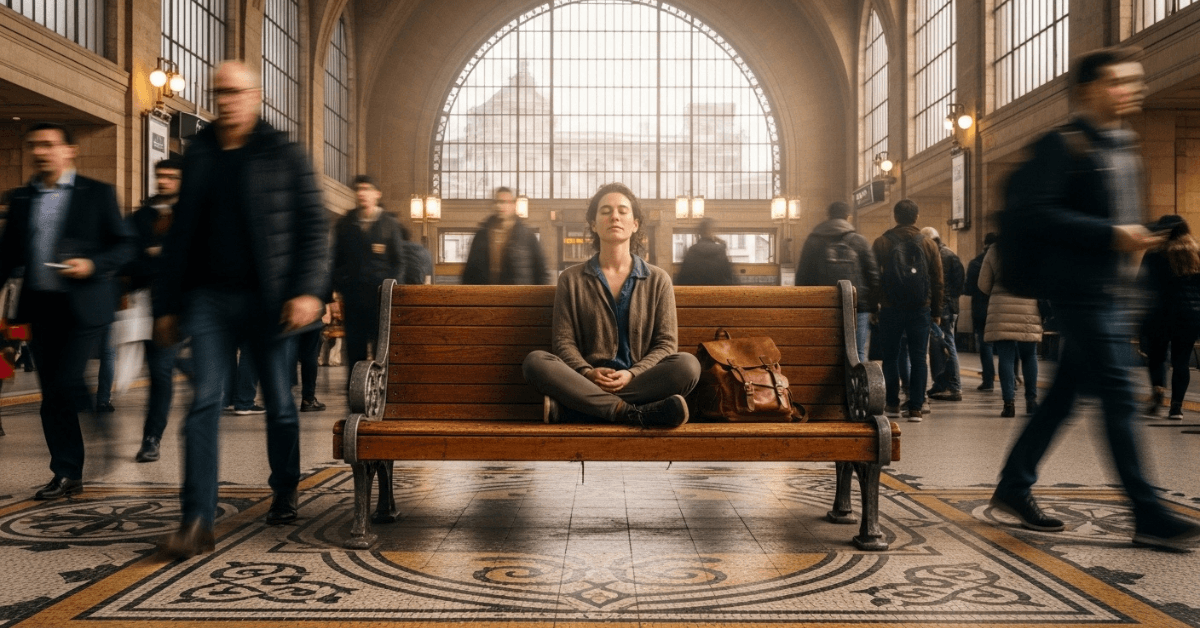 Person sitting calmly on a bench while crowds rush past, symbolizing trusting your own pace in life and not comparing your timeline to others