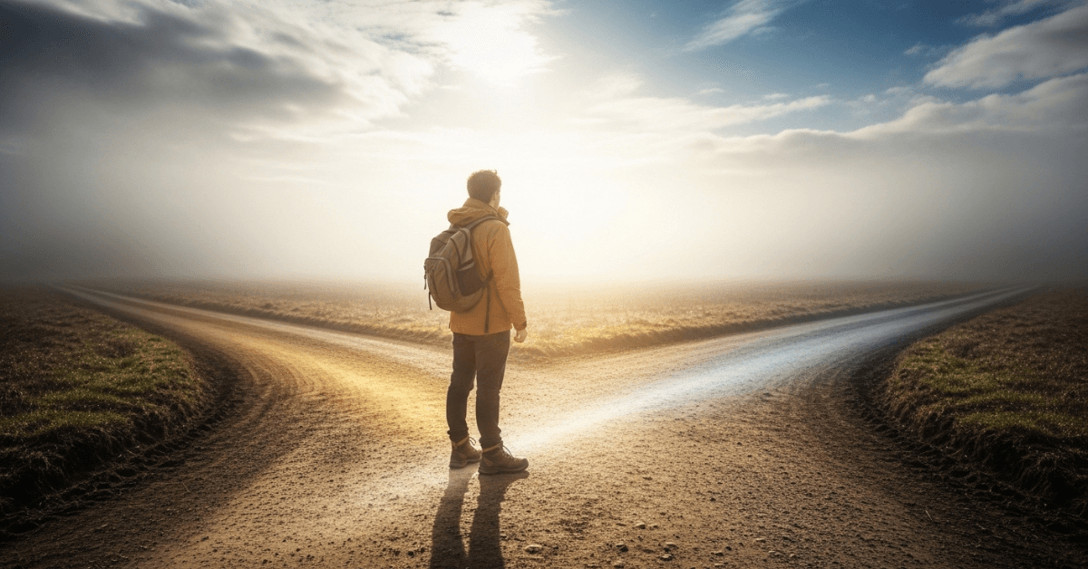 Person standing at a crossroads deciding which path to take, symbolizing choosing your own direction in life and trusting your personal timeline