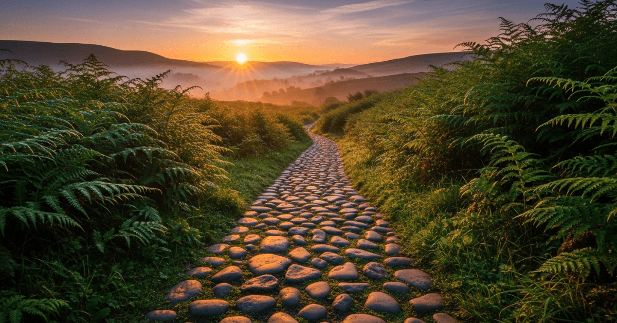 Stone path leading through green hills toward a sunrise, symbolizing steady personal growth and trusting your life journey