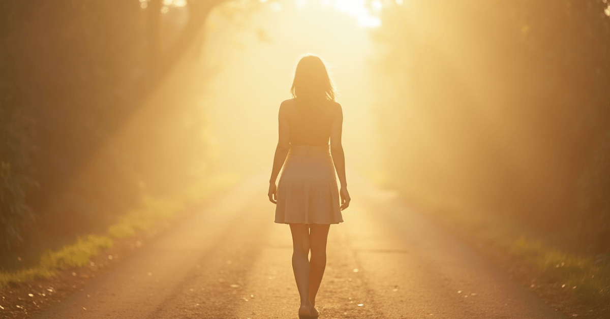 Person walking alone down a sunlit path, symbolizing trusting your life journey and embracing your personal timeline