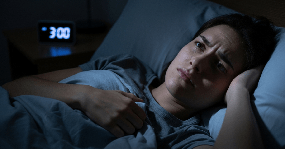 Woman lying awake in bed at night looking stressed while a clock shows 3:00 AM, representing insomnia and stress disrupting sleep and metabolism
