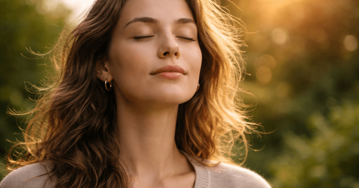 Woman with eyes closed taking a deep calming breath outdoors, representing stress relief and nervous system relaxation