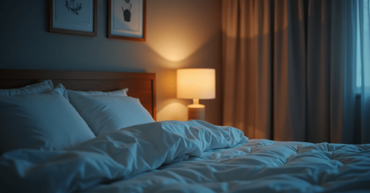 Peaceful bedroom at night with soft lamp lighting and neatly made bed, representing a calm sleep environment for better rest and recovery