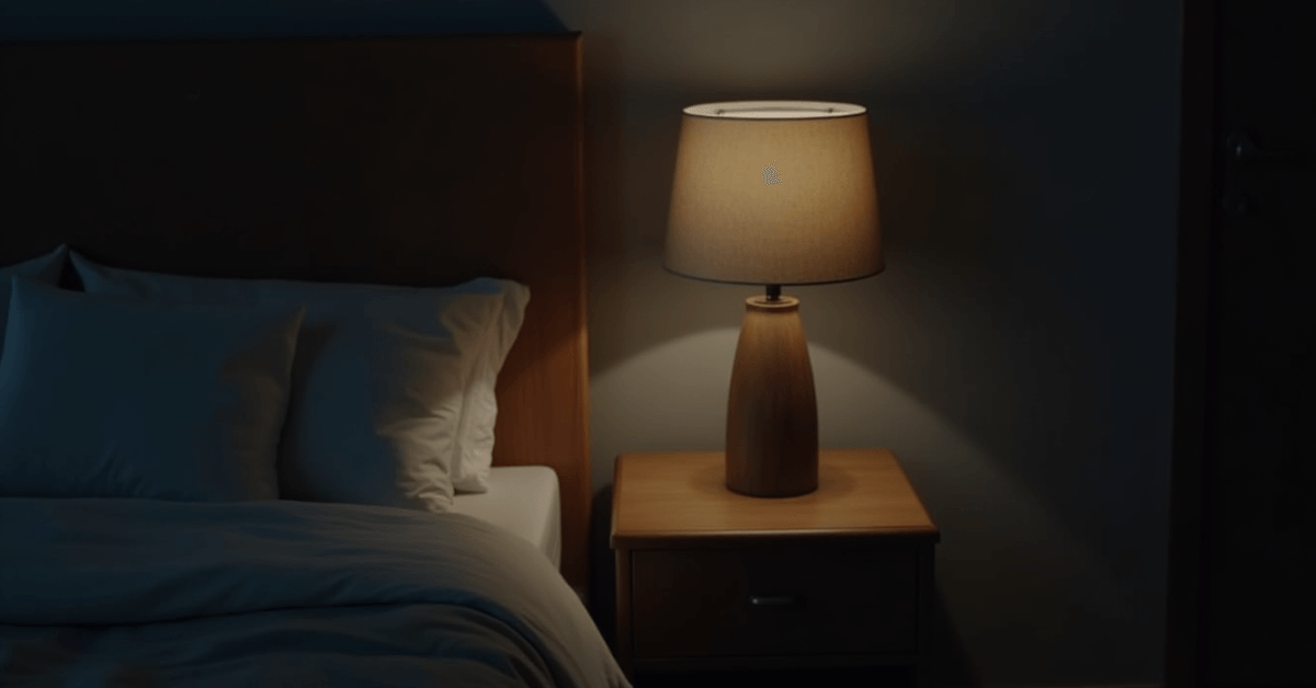 Soft bedside lamp glowing in a quiet bedroom at night, representing a relaxing evening wind-down routine before sleep