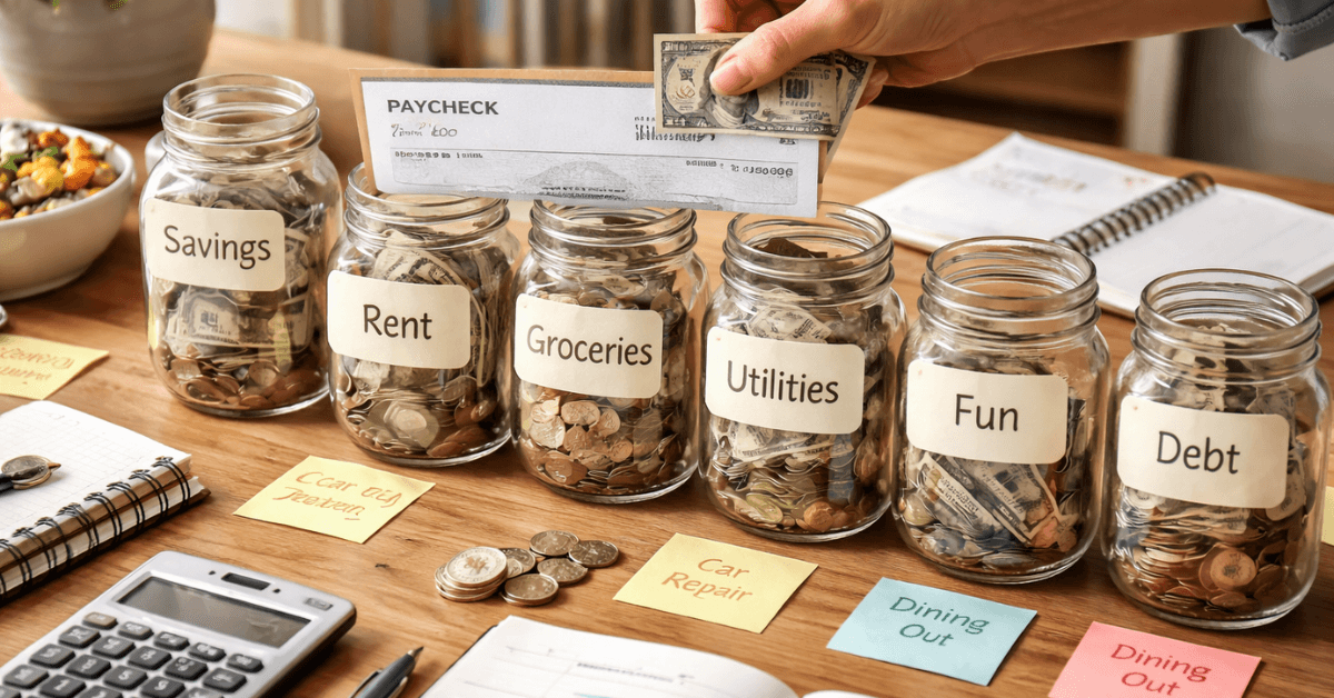 Paycheck being divided into labeled jars for savings, rent, groceries, utilities, fun, and debt to illustrate organized budgeting and money planning