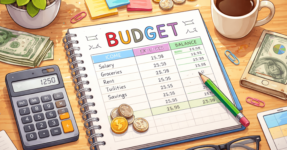 Notebook budget planner showing income, expenses, and balance beside a calculator, coins, and coffee on a desk