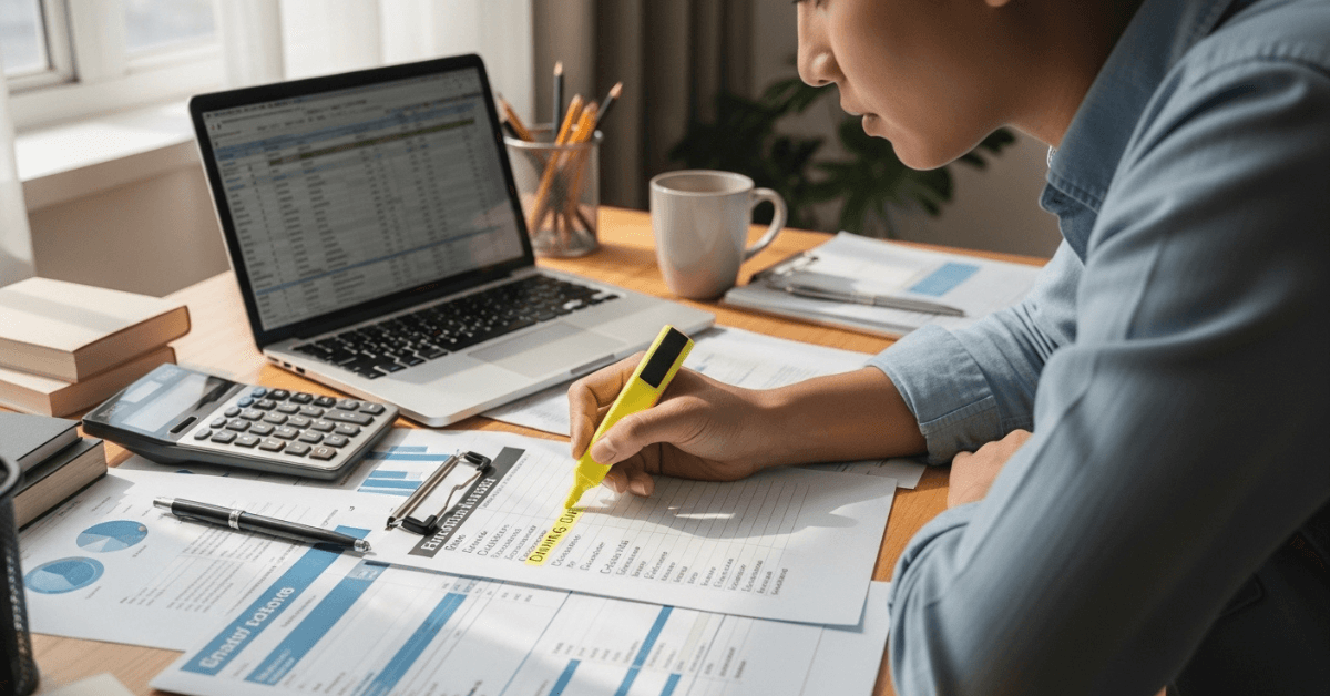 Person reviewing financial documents and highlighting expenses beside a laptop and calculator while adjusting a personal budget plan