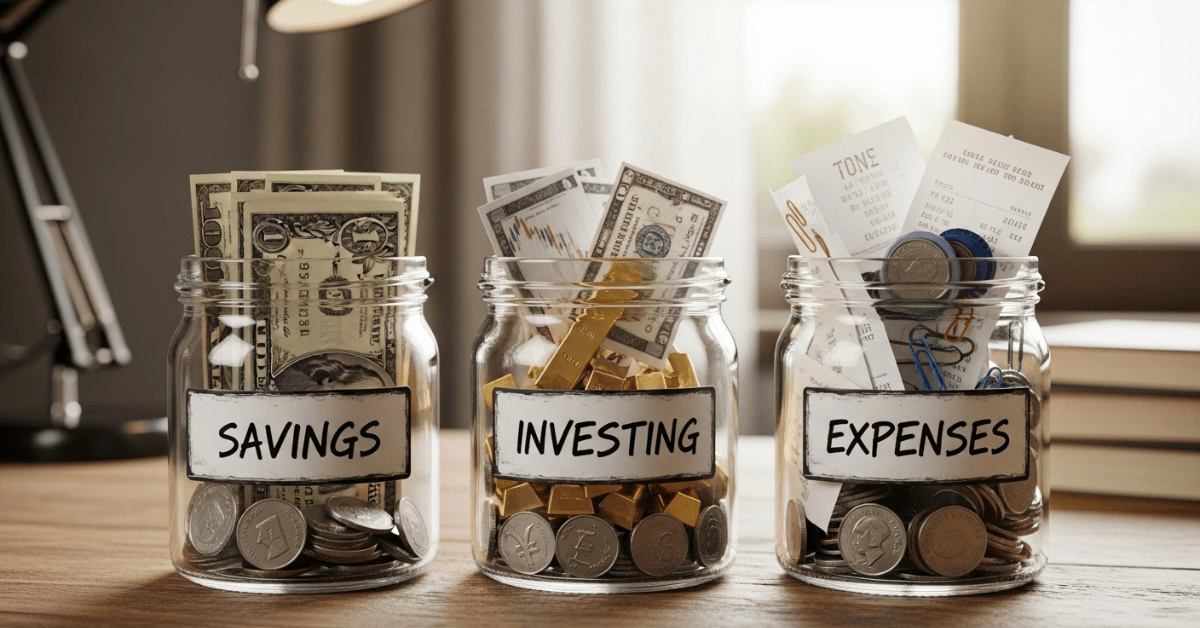 Three labeled jars for savings, investing, and expenses filled with cash and coins to represent organized money allocation and financial planning