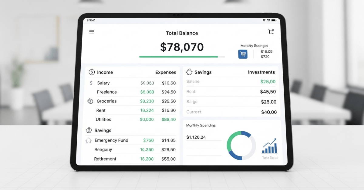 Tablet displaying a digital financial dashboard with income, expenses, savings, and investments showing an organized personal finance plan