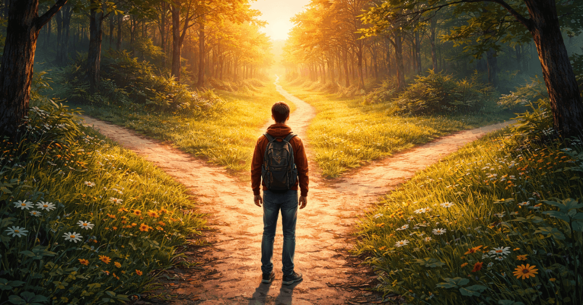 Person standing at a forest path split into two directions symbolizing choosing action and beginning the journey to build confidence