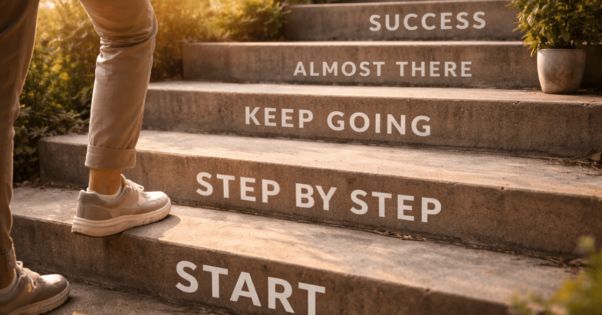 Person walking up steps labeled start, step by step, keep going, almost there, and success representing confidence built through small consistent actions