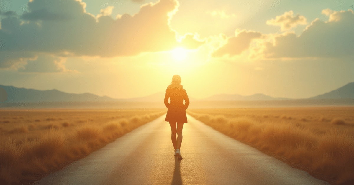 Person walking alone down a long road toward a bright sunrise symbolizing moving forward with growing confidence and personal progress