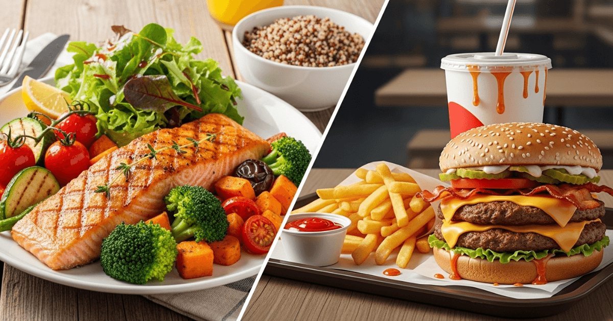 Side-by-side comparison of a healthy balanced meal with salmon and vegetables versus fast food burger and fries illustrating the choice between eating for energy or emotional cravings