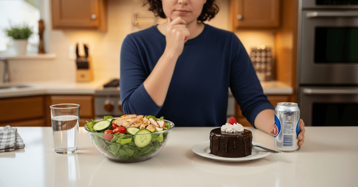 Person deciding between a healthy salad and water versus a chocolate dessert and soda representing the choice between mindful eating and emotional cravings