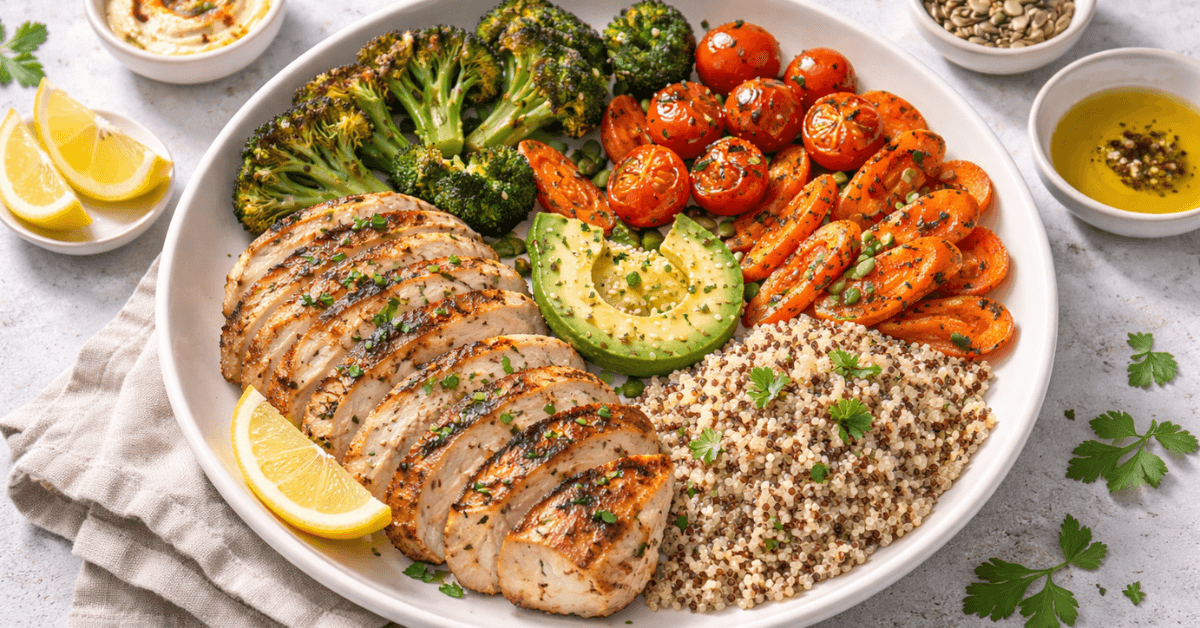 Balanced healthy plate with grilled chicken, quinoa, avocado, broccoli, carrots, and tomatoes representing nutrient-dense foods for sustained energy