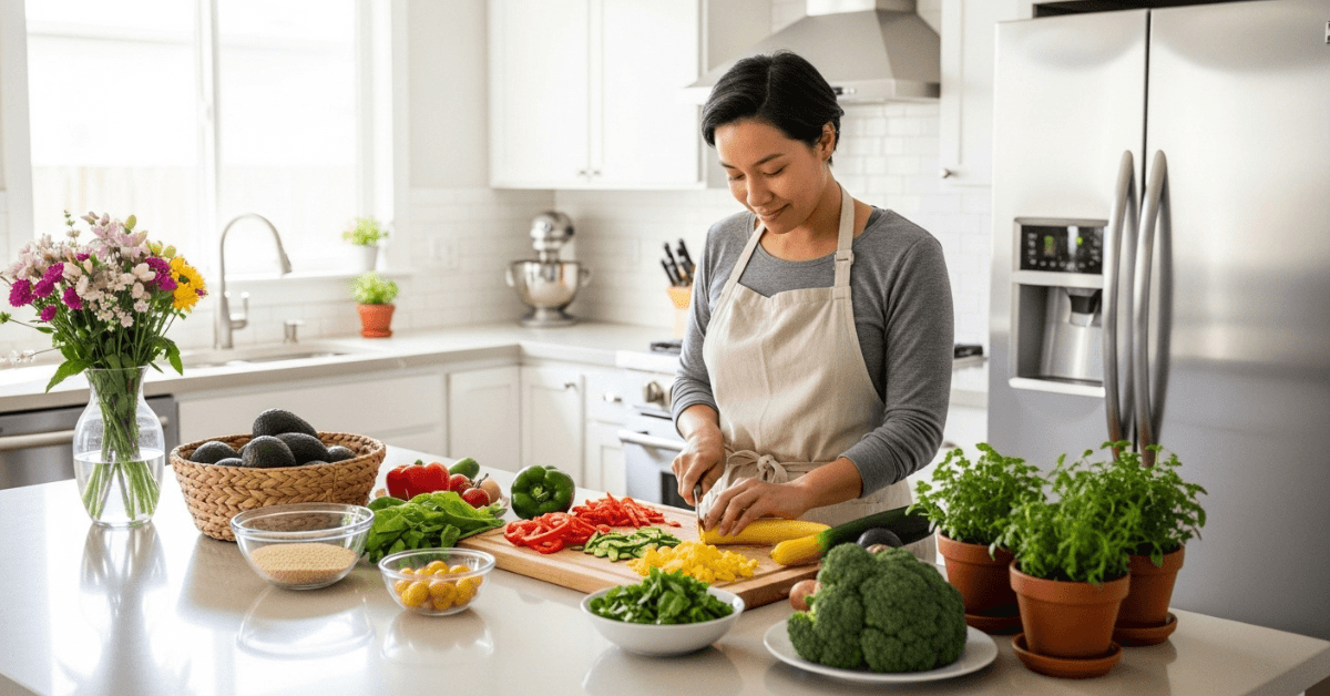 Person preparing a healthy meal in a bright kitchen with fresh vegetables and whole ingredients representing intentional eating for energy and wellness