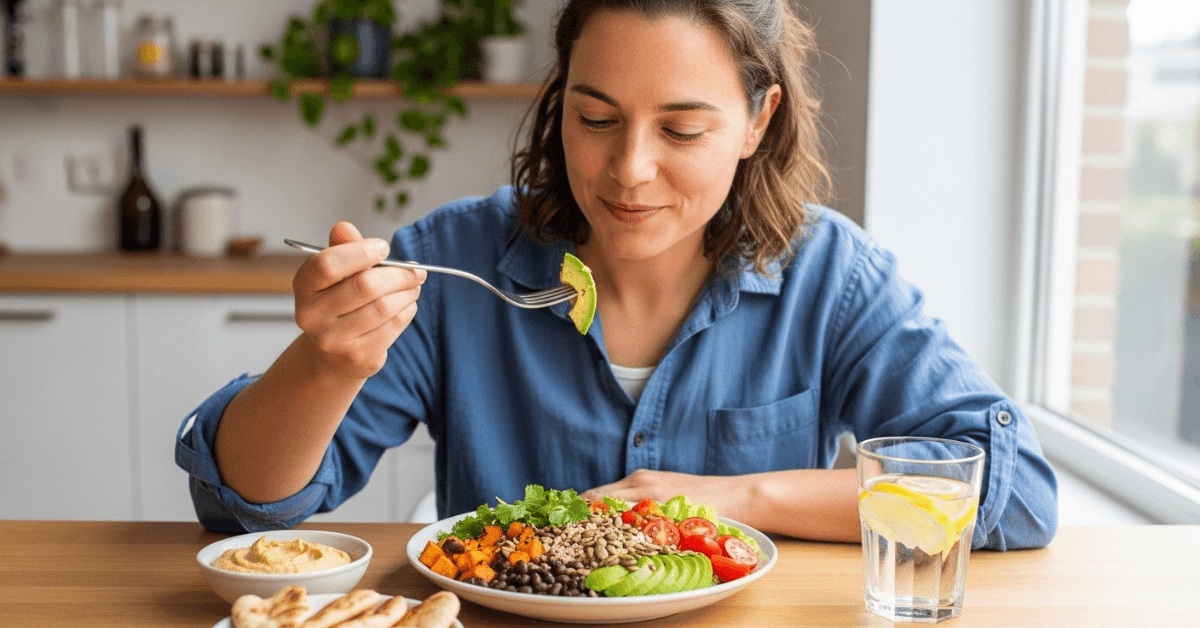 Person enjoying a healthy balanced meal with vegetables, grains, avocado, and water representing mindful eating for sustained energy and wellness