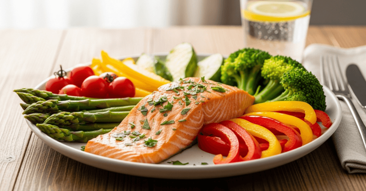 Healthy salmon meal with fresh vegetables including broccoli, asparagus, bell peppers, and tomatoes representing clean eating for energy and nutrition
