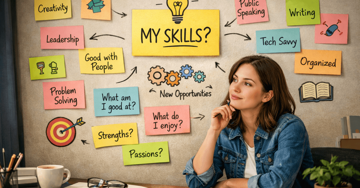 Person reflecting on personal skills and strengths with sticky notes showing creativity, leadership, writing, and problem solving representing discovering talents that can become income