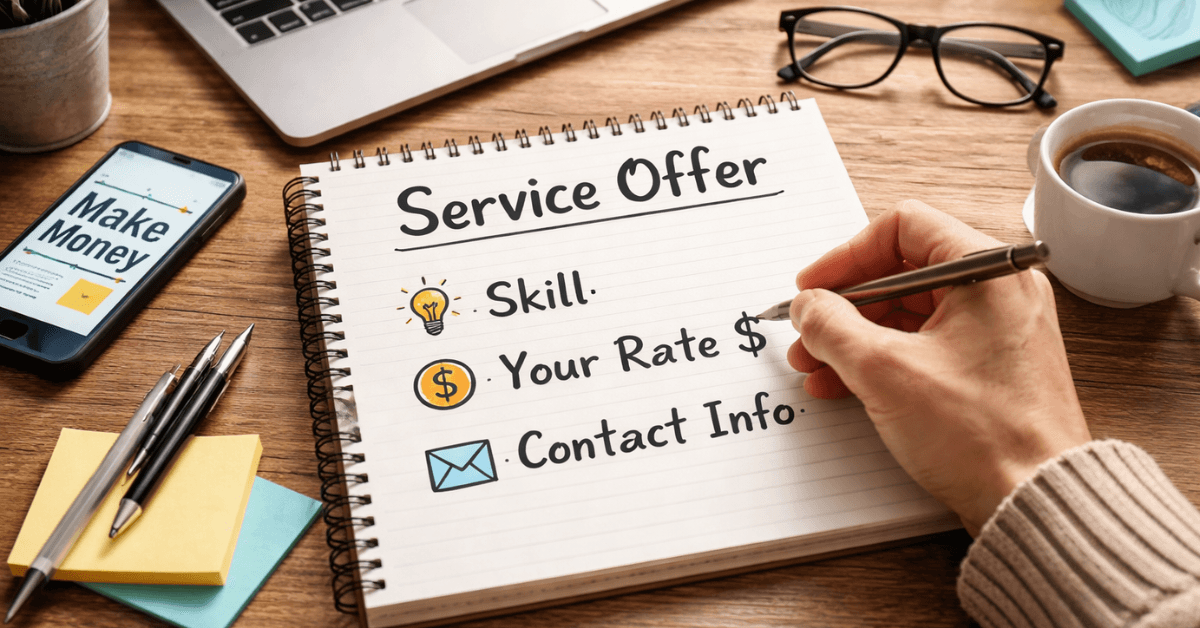 Notebook showing a simple service offer plan with skill, pricing, and contact information representing turning personal skills into a paid service