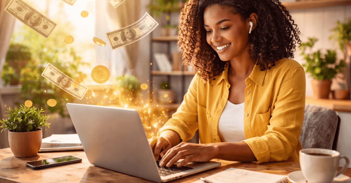 Person smiling while working on a laptop with money symbols floating around representing earning income from personal skills and online services